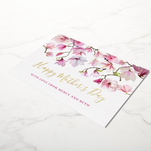 Moderne Roze Magnolia Bloemen Gelukkige Moeders Da Folie Uitnodiging (Gedraaid)