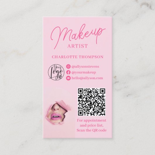 Moderne roze make-up logo Qr code 2 foto's Visitekaartje (Voorkant)