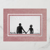 Moderne Roze Marmer Foto Folie Opslaan Datum Feestdagen Briefkaart (Voorkant)