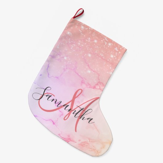 Moderne roze marmer & Glitter Sparkles Grote Kerstsok (Voorkant (Hangend))