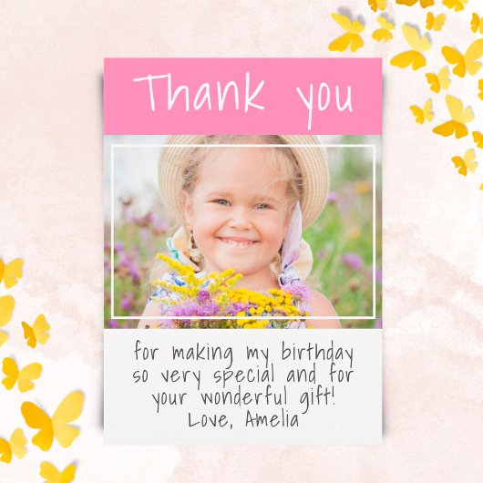 Moderne Roze Meisje Aangepaste Foto Verjaardag Bedankkaart