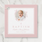 Moderne Roze Meisje Doop Foto Bedankjes Labels (Voorkant)
