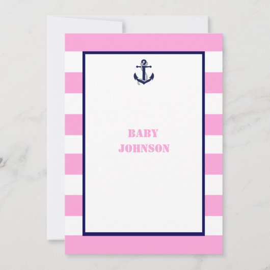 Moderne Roze Meisje Nautische Baby Douche Uitnodig Kaart (Achterkant)