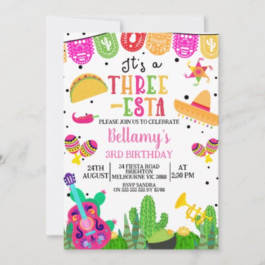 Moderne Roze Meisjes Drie-esta Fiesta 3e Verjaarda Kaart (Voorkant)