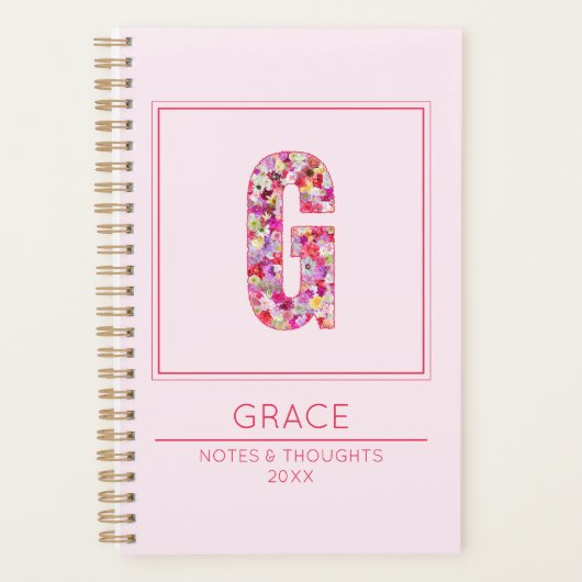 Moderne Roze Meisjesachtige Bloemige Monogram Lett Planner (Voorkant)