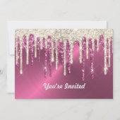 Moderne Roze Metalen Beige Glitter Druppelt Verjaa Kaart (Voorkant)