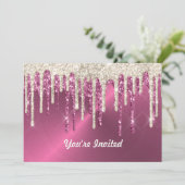 Moderne Roze Metalen Beige Glitter Druppelt Verjaa Kaart (Staand voorkant)