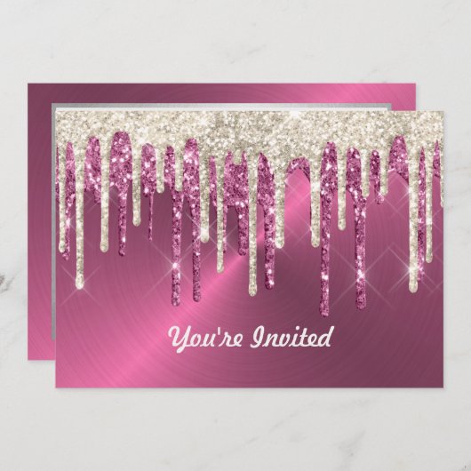 Moderne Roze Metalen Beige Glitter Druppelt Verjaa Kaart (Voorkant / Achterkant)