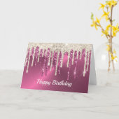 Moderne Roze Metalen Beige Glitter Druppelt Verjaa Kaart (Gele Bloem)