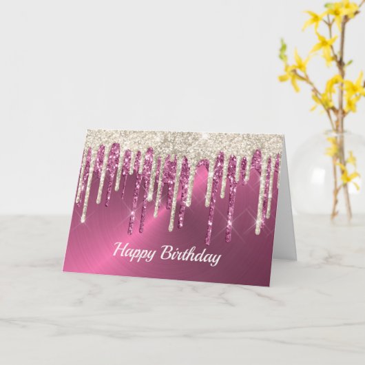 Moderne Roze Metalen Beige Glitter Druppelt Verjaa Kaart (Gele Bloem)