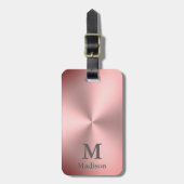 Moderne roze metalen bliknaam & monogram bagagelabel (Voorkant verticaal)