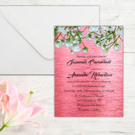 Moderne roze metalen en witte rozen bruiloft briefkaart