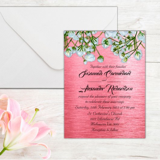 Moderne roze metalen en witte rozen bruiloft briefkaart