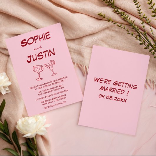 Moderne Roze Minimalistische Cocktail Bruiloft Kaart