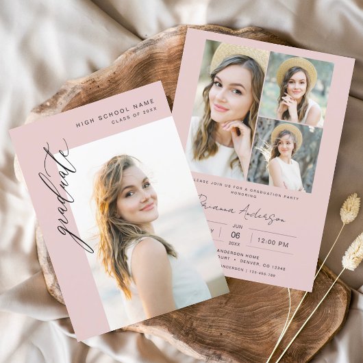 Moderne roze minimalistische foto afstudeerfeest kaart