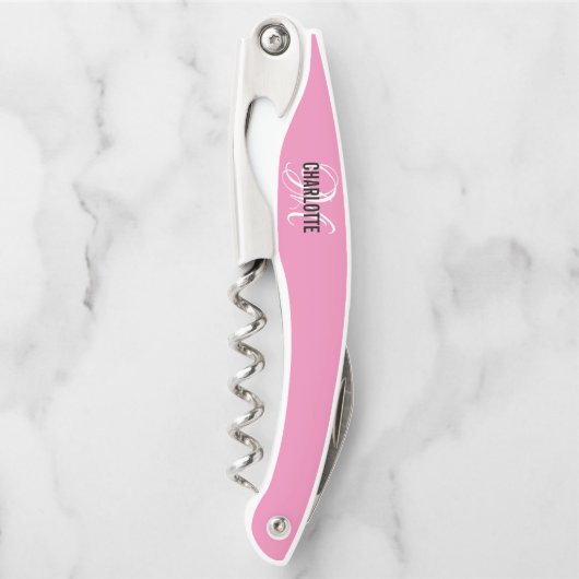 Moderne roze monogram naam ober kurkschroef kurkentrekker (Voorkant)