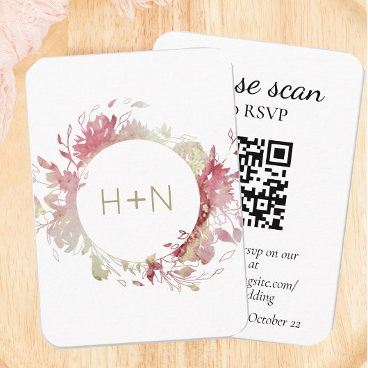 Moderne roze monogram RSVP met QR-code Informatiekaartje