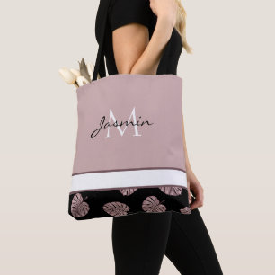 Moderne Roze Monogram Tropisch Blad Tote Bag