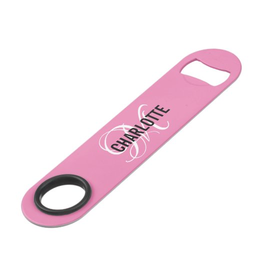 Moderne roze monogramme naambalk speed flessenopener (Voorkant Gekanteld)