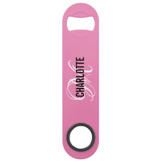 Moderne roze monogramme naambalk speed flessenopener (Voorkant)