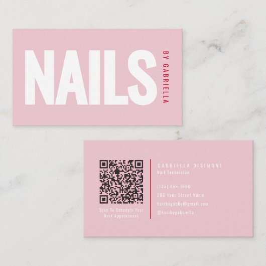 Moderne Roze Nagelstudio QR Code Visitekaartje (Voorkant / Achterkant)