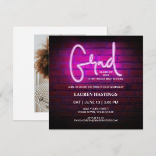 Moderne Roze Neon Foto Afstudeerfeest Kaart
