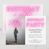 Moderne roze Neon Lights 18e verjaardag Foto Kaart (Voorkant / Achterkant)