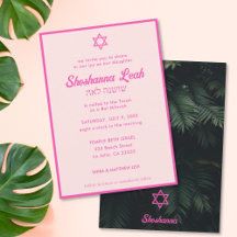 Moderne Roze Neon Tropische Bat Mitzvah Uitnodigin