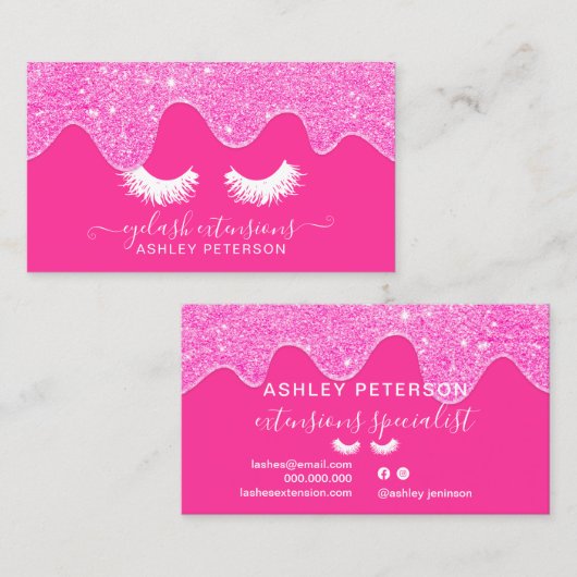 Moderne, roze neonroze glitter druipt wimpers visitekaartje (Voorkant / Achterkant)