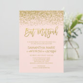 Moderne Roze Nep Goud Glitter Bat Mitzvah Kaart (Staand voorkant)