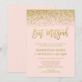Moderne Roze Nep Goud Glitter Bat Mitzvah Kaart (Voorkant / Achterkant)