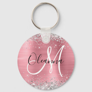 Moderne Roze Ombre Folie Zilver Glitter Monogram Sleutelhanger