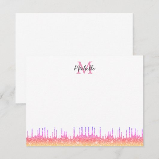 Moderne roze ombre glitter Strijdt Manuscript Mono Notitiekaartje (Voorkant / Achterkant)
