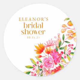 Moderne Roze Oranje Aquarel Bloem Bruidsdouche Ronde Sticker