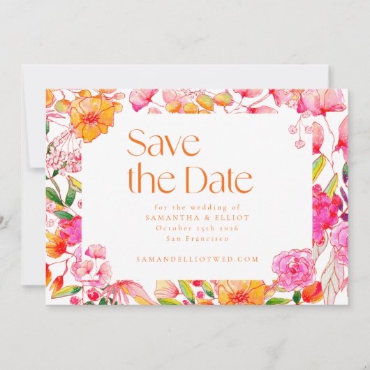 Moderne roze Oranje bloemen Eenvoudig huwelijk Save The Date (Voorkant)
