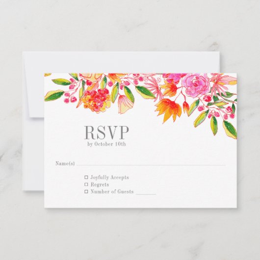 Moderne roze Oranje Floral Simple Wedding RSVP Kaartje (Voorkant)