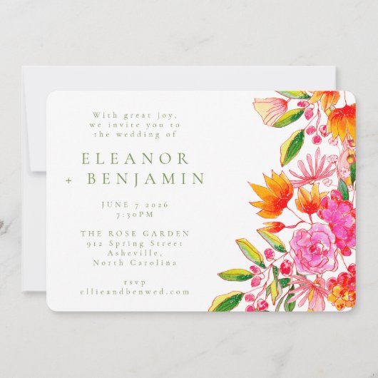 Moderne roze Oranje groene Waterverf Floral Weddin Kaart (Voorkant)