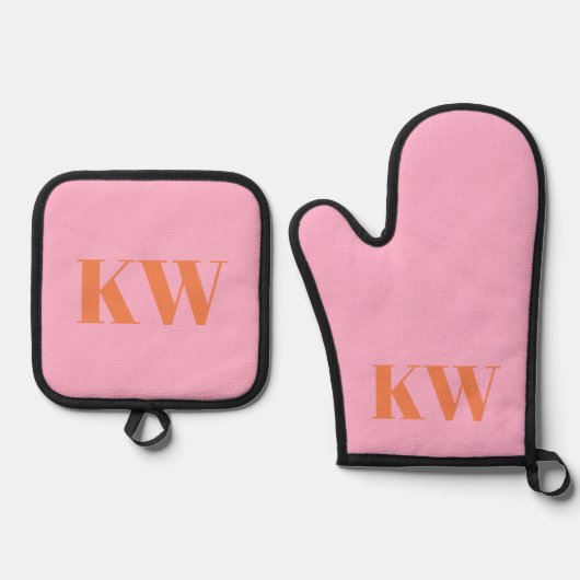 Moderne Roze Oranje Monogram Beginletters Geperson Ovenwant & Pannenlap Set (Voorkant)
