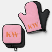 Moderne Roze Oranje Monogram Beginletters Geperson Ovenwant & Pannenlap Set (Voorkant / Achterkant)