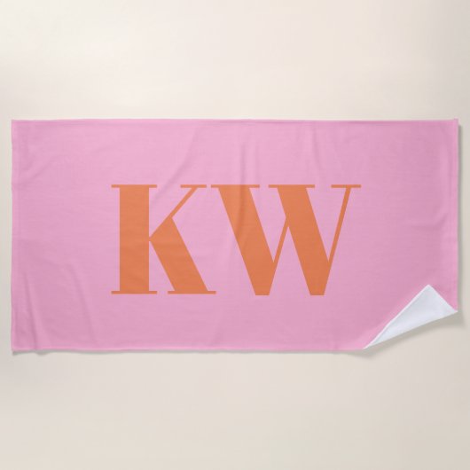 Moderne Roze Oranje Monogram Initiaal Gepersonalis Strandlaken (Voorkant)