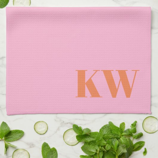 Moderne Roze Oranje Monogram Initiaal Gepersonalis Theedoek (Gevouwen)