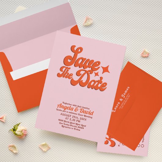Moderne roze oranje retro Wedding Kaart