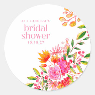Moderne Roze Oranje Waterverf Bloemachtige Bruilof Ronde Sticker
