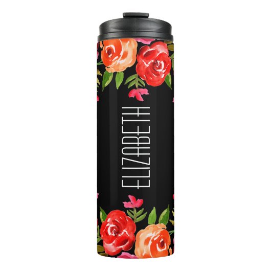 Moderne roze Oranje Waterverf Floral Thermosbeker (Voorkant)