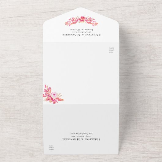 Moderne roze Oranje Waterverf Floral Wedding All In One Uitnodiging (Buitenkant)