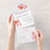 Moderne roze Oranje Waterverf Floral Wedding All In One Uitnodiging (Afscheurbaar)
