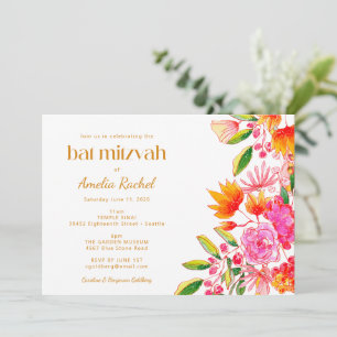 Moderne Roze Oranje Waterverf Florale Bat Mitzvah Kaart