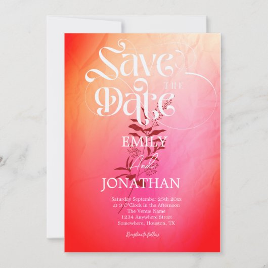 Moderne roze oranje waterverf typografie save the date (Voorkant)