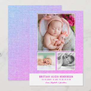 Moderne roze Paarse Baby Fotocollage geboorte Aankondiging