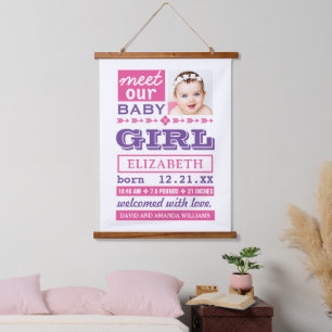 Moderne Roze Paarse Baby Meisje Foto Geboorte Stat Hangend Wandkleed